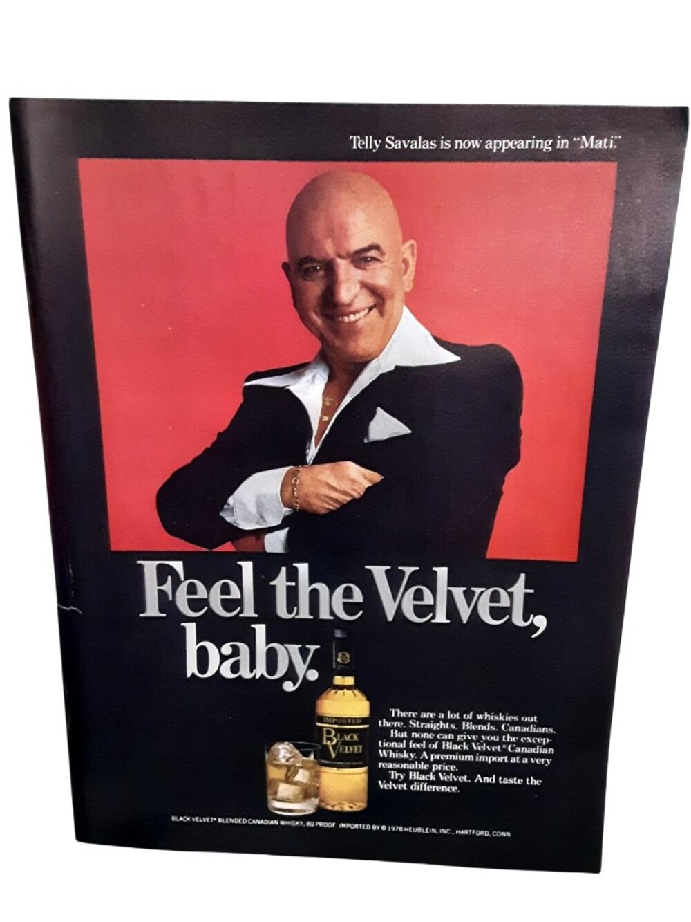 1978 Black Velvet Canadian Whisky Telly Savalas Vintage Print Ad Mati